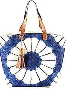 Blue and White Circle Pattern Tote Bag with Leather Handles and zipper bag